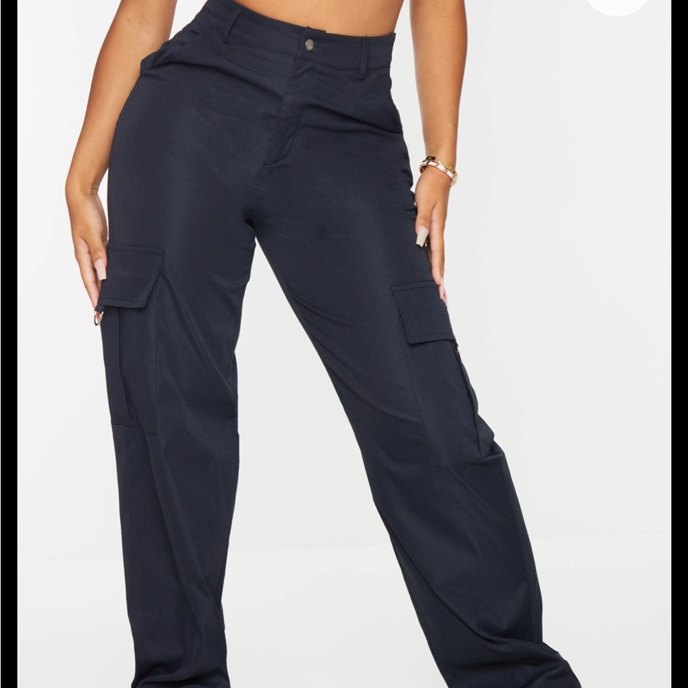 NWT PRETTYLITTLETHING Shape Black Buckle Detail Cargo Wide Leg Pants